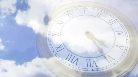 Starting at 12 ornate gold clock hands moving clockwise to 1:20, clouds drifting Stock Footage 317869083