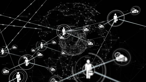 Starting 3D data forming sphere, avatar pulsing sending lines linking Stock Footage 310318257