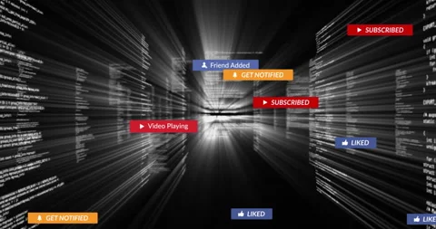 Starting 3D data tunnel zooming forward, social icons fading and clustering, Stock Footage 314709215