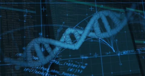 Starting 3D DNA helix rotating clockwise while grid overlay, code and arcs Stock Footage 317486728