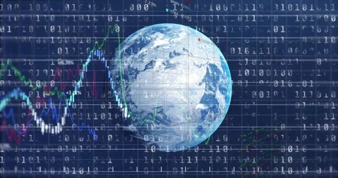 Starting 3D Earth with binary overlay, line graphs emerging and rotating globe Stock Footage 310283309