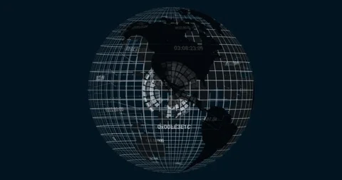 Starting with 3D globe Earth rotating as pulsing grid codes and spinning mesh Stock Footage 310282655