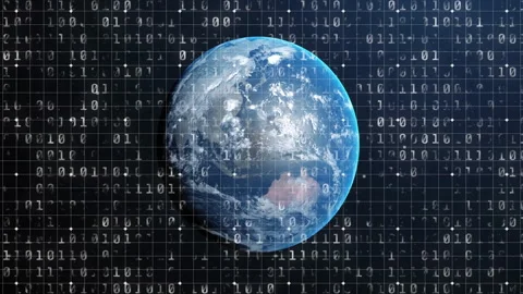 Starting 3D globe rotating toward Australia with binary grid flickering in space Stock Footage 312407326