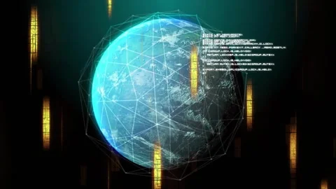 Starting 3D globe rotating wireframe, golden bars rising and pulsing, code Stock Footage 317799942