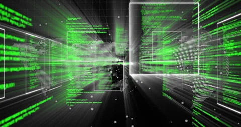 Starting on 3D grid, world map glowing, neon-green code windows floating through Stock Footage 312228663