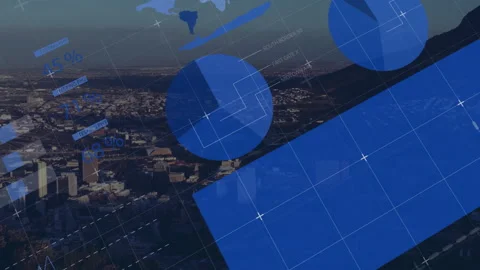 Starting with aerial cityscape, data elements animating charts graphs and grid Stock Footage 312905295