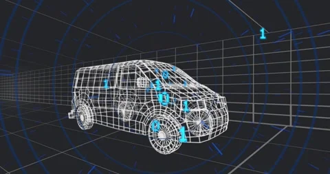 Starting animation showing cyan binary digits flickering around van model Stock Footage 319783125