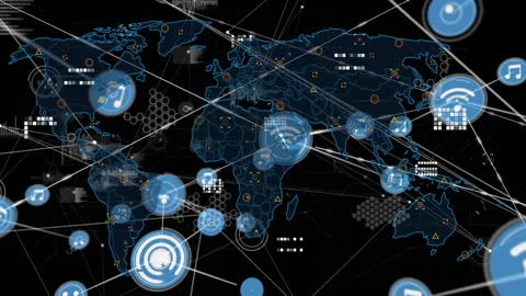 Starting with backdrop revealing world map, data nodes pulsing and linking for Stock Footage 310298262