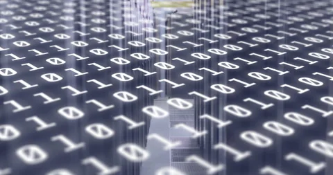 Starting binary digits filling frame, camera panning upward revealing 3D bar Stock Footage 314844935