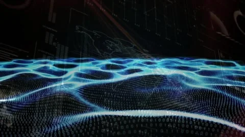 Starting with binary grid blue waveform undulating as HUD elements flickering Stock Footage 320089308