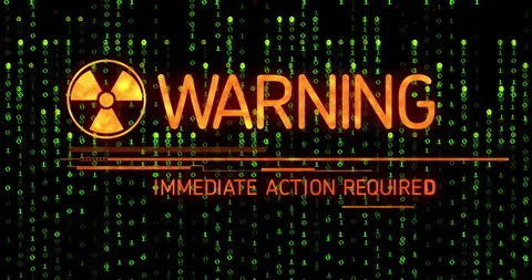 Starting with binary rain, hazard icon appearing and text morphing into Stock Footage 309808689