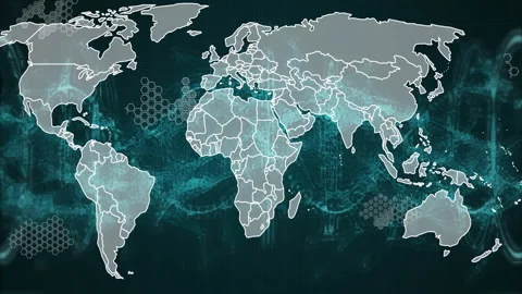 Starting black canvas, map tracing white filling grey, teal grid pulsing hex Stock Footage 309894170