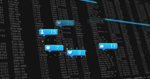 Starting blue comment icon sliding in icons updating metrics on code backdrop Stock Footage 329425271