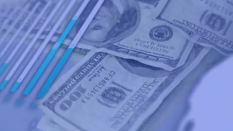 Starting blurred blue code, US bills drifting and stacking while bars sliding, Stock Footage 328396334