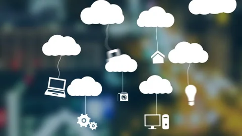 Starting blurred cityscape cloud icons appearing multiplying tech icons, fading Stock Footage 310150796
