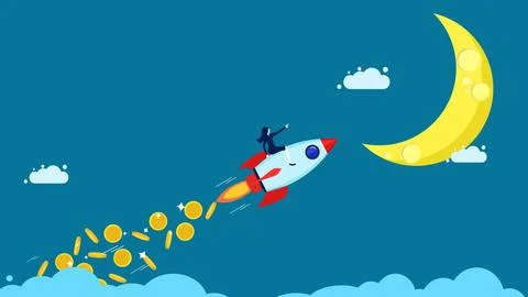 Starting a business with a source of capital. Rocket launches with flying c.. Stock Illustration