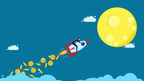 Starting a business with a source of capital. Rocket launches with flying c.. Illustrazione stock