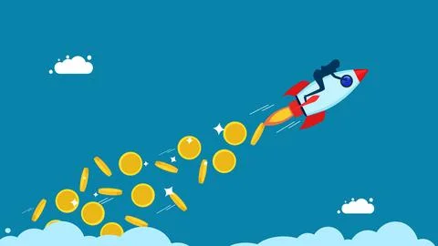 Starting a business with a source of capital. Rocket launches with flying c.. Stock Illustration
