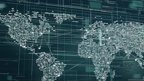 Starting camera panning text-map revealing Eurasia, Australia on teal display, Stock Footage 337141178
