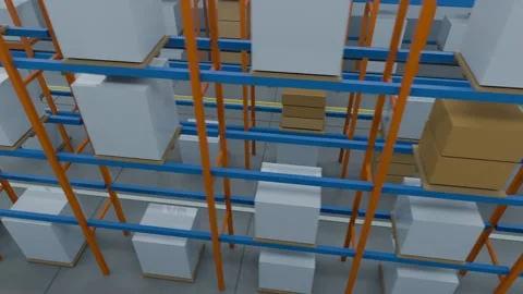 Starting camera tracking pallet racking in warehouse, AGVs following yellow Stock Footage 339193885