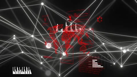 Starting central node pulsing, white node network on red world map reshaping, Stock Footage 335211525