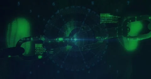 Starting chain rotating over grid, streaming binary ending with cascading digits Stock Footage 320089451