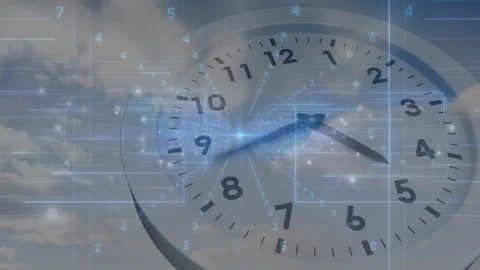 Starting clock under drifting clouds, minute hand ticking, digital grid pulsing Stock Footage 310429355