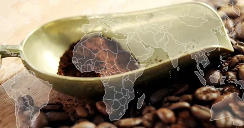 Starting close-up, brass coffee scoop holding grounds showing global coffee Stock Footage 330251514
