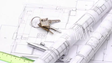Starting with close-up, camera sliding across blueprint revealing rotating Stock Footage 310438034