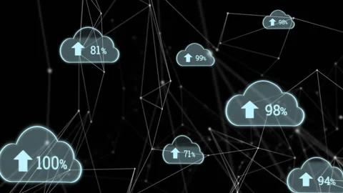 Starting cloud upload icons floating on node network updating percentages Stock Footage 311664267