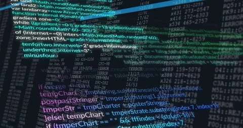 Starting with code block, colored code scrolling upward revealing log layers for Stock Footage 317659890