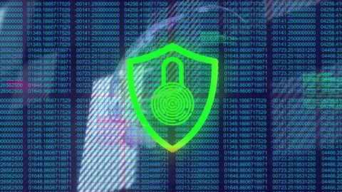 Starting from code feed, fading shield icon pulsing green to red, rotating globe Stock Footage 313554172