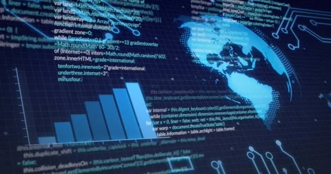 Starting with code scrolling, 3D globe emerging, rotating and bars rising to Video stock 317207135