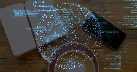 Starting code scrolling, sphere over cup rotating and pulsing processing beside Stock Footage 311698498