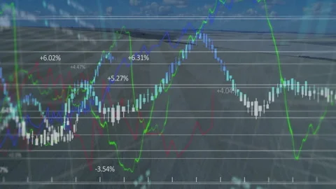 Starting colored lines climbing and candlestick bars rising, falling over runway Stock Footage 310668446
