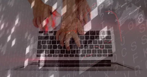 Starting computer scene hands typing keyboard while data overlays morphing and Stock Footage 312482902