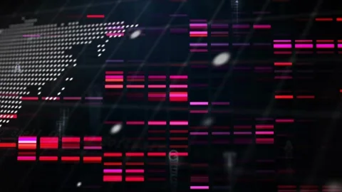Starting with console text appearing, dotted world map showing magenta bars Stock Footage 329771176