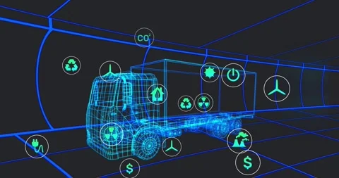 Starting with cyan wireframe truck, plug and recycle icons orbiting, visualizing Stock Footage 320288184