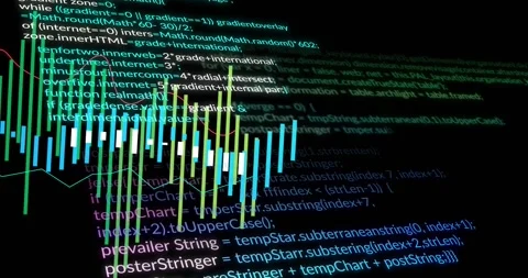 Starting dark background showing code, waveform pulsing, code scrolling, overlay Stock Footage 319572881