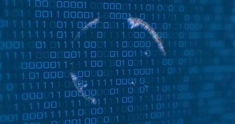 Starting from dark binary grid pixels forming rotating globe pulsing rebuilding Stock Footage 311506193