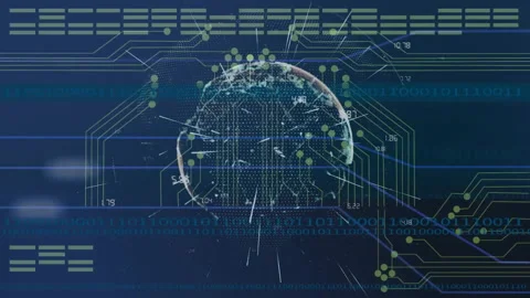 Starting with dark blue circuit overlay glass 3D globe emerging rotating and Stock Footage 310216831