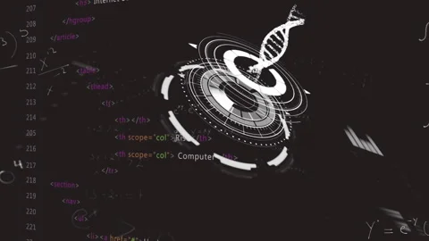 Starting dark code HUD forming rings spinning while DNA helix growing for Stock Footage 315592484