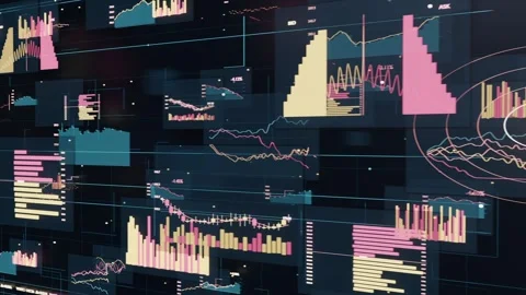 Starting on dark display, data panels animating and revealing denser charts Stock Footage 337505035