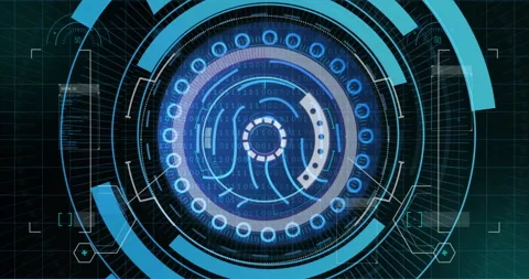 Starting with dark grid and ring outline HUD rotating rings and binary overlay Stock Footage 310317170