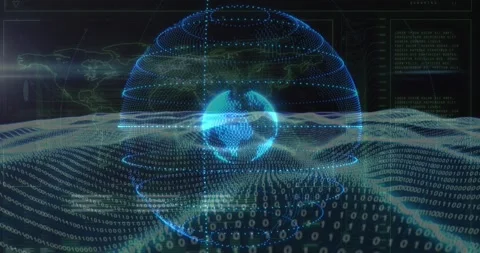 Starting dark HUD binary grid waving globe forming rings rotating cyan band Stock Footage 328485663