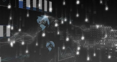 Starting with dark noise, big blue globe rising while binary columns falling, Stock Footage 320916218