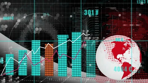 Starting data interface, rotating globe, rising bars and sweeping lines tracking Stock Footage 310298255