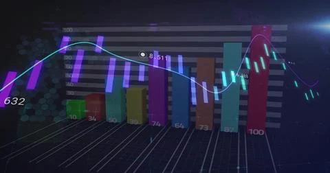 Starting on data update, dashboard animating 3D bars, labels and teal line Illustrazione stock