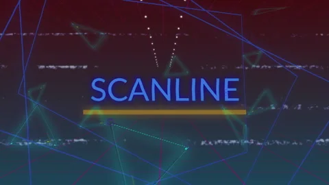 Starting digital interface gliding golden bar revealing blue SCANLINE text with Video stock 311474742