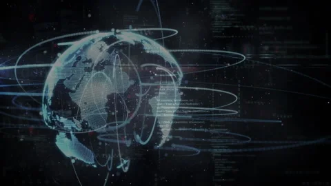 Starting dotted globe emerging, rotating, forming network rings, conveying Stock Footage 311141124